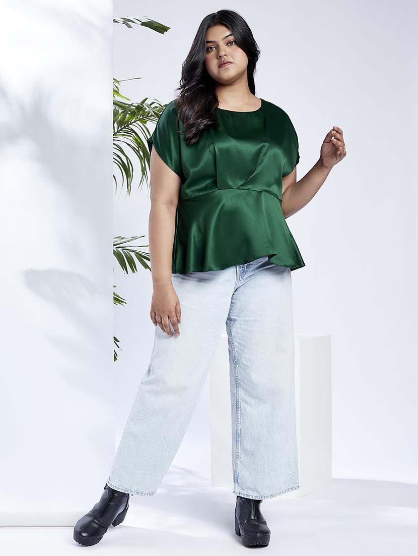 globus gloplus women green round neck extended sleeves satin peplum plus size workwear top - 21910575 - Standard Image - 3
