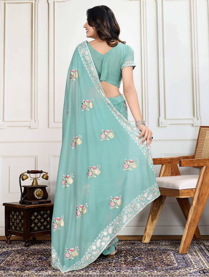 women sea green embroidered saree with blouse - 21910577 -  Standard Image - 3