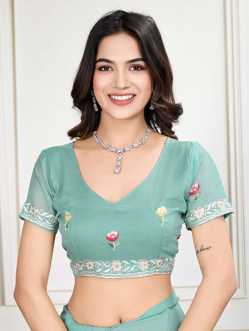 women sea green embroidered saree with blouse - 21910577 -  Standard Image - 5