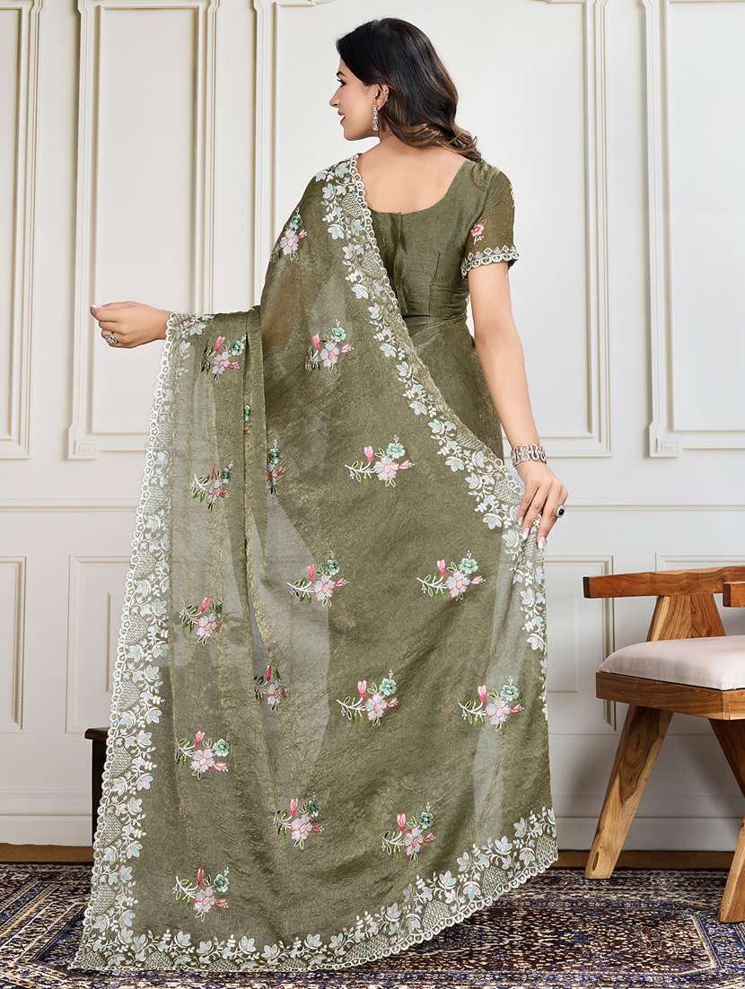 women olive embroidered saree with blouse - 21910585 -  Standard Image - 3