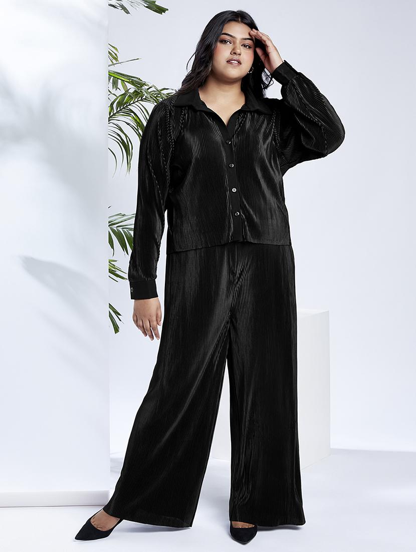 globus gloplus women black self design accordian pleats shirt style top with wide leg trousers plus size party co-ord set