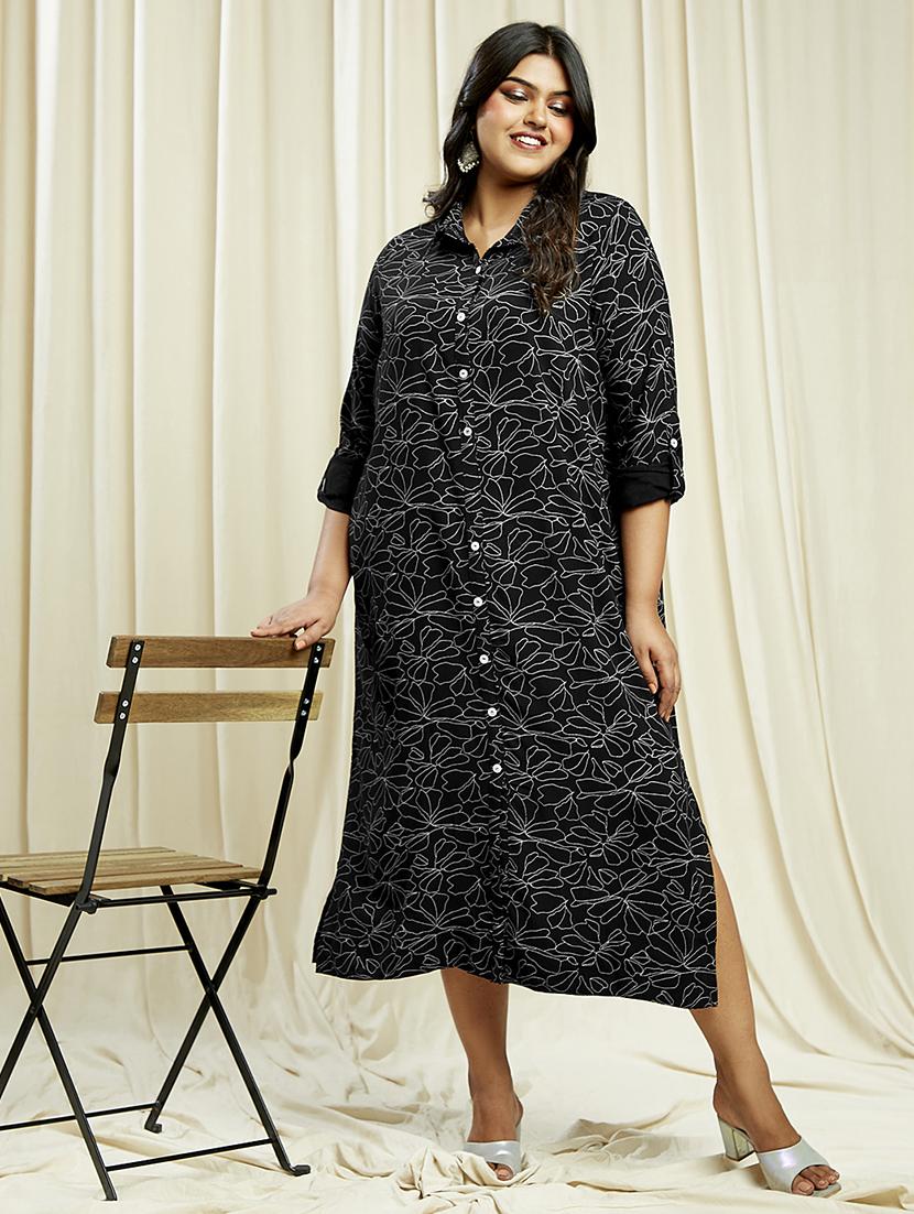 globus gloplus women black collared neck roll-up sleeves floral print front & side slits plus size midi shirt dress - 21910598 - Zoom Image - 0