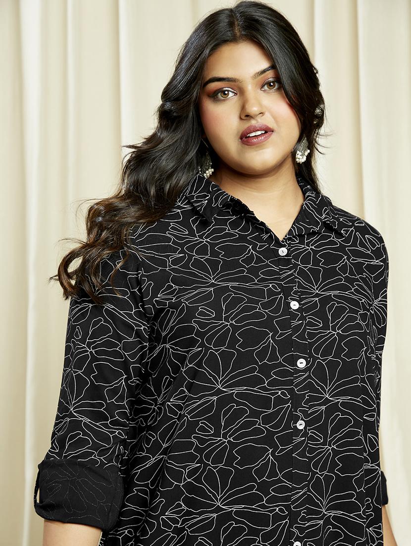 globus gloplus women black collared neck roll-up sleeves floral print front & side slits plus size midi shirt dress - 21910598 - Standard Image - 3