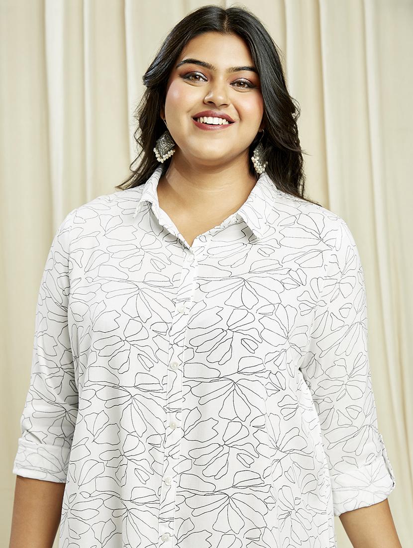 globus gloplus women white collared neck roll-up sleeves floral print front & side slits plus size midi shirt dress - 21910599 - Standard Image - 3
