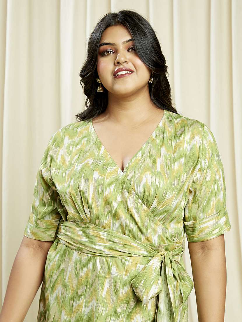 globus gloplus women green wrap v-neck chevron print plus size a-line midi dress with belt - 21910600 -  Standard Image - 3