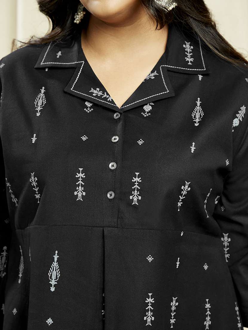 globus gloplus women black notch lapel ethnic print button down plus size a-line midi dress - 21910603 -  Standard Image - 3