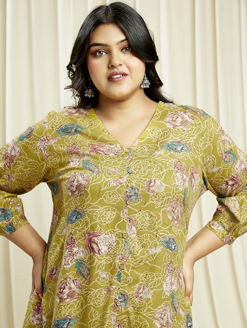 globus gloplus women green v-neck floral print tunic with wide leg trousers plus size co-ord set - 21910609 - Standard Image - 3