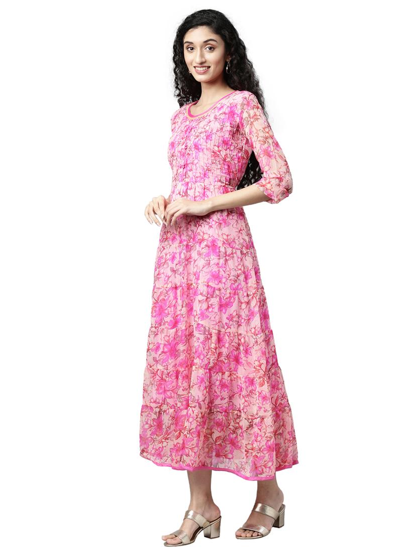 women floral printed round neck tiered dress - 21911785 - Standard Image - 3