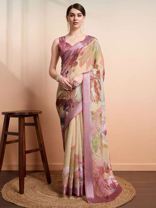 women printed casual wear saree with blouse