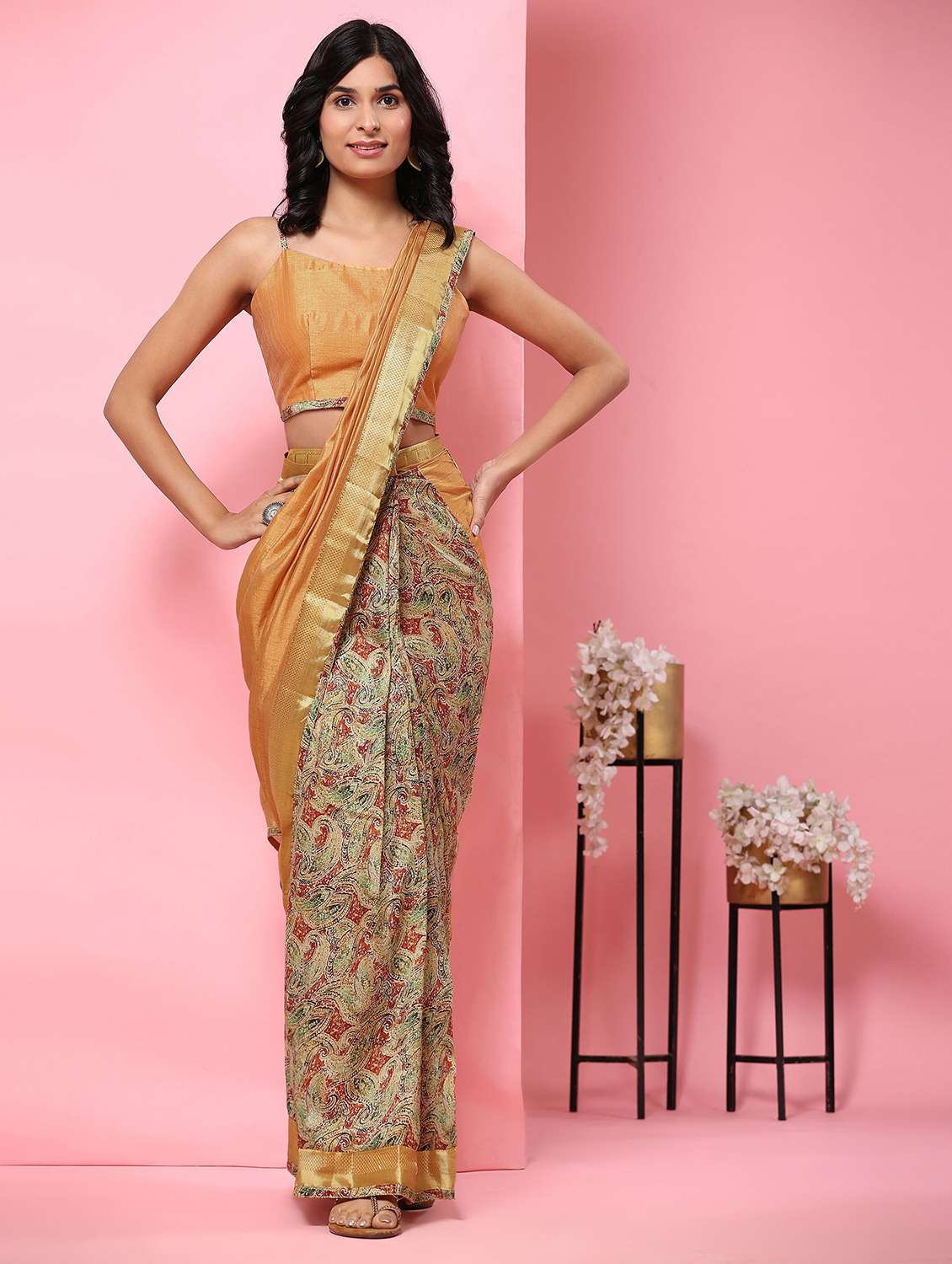 women printed half & half saree with blouse