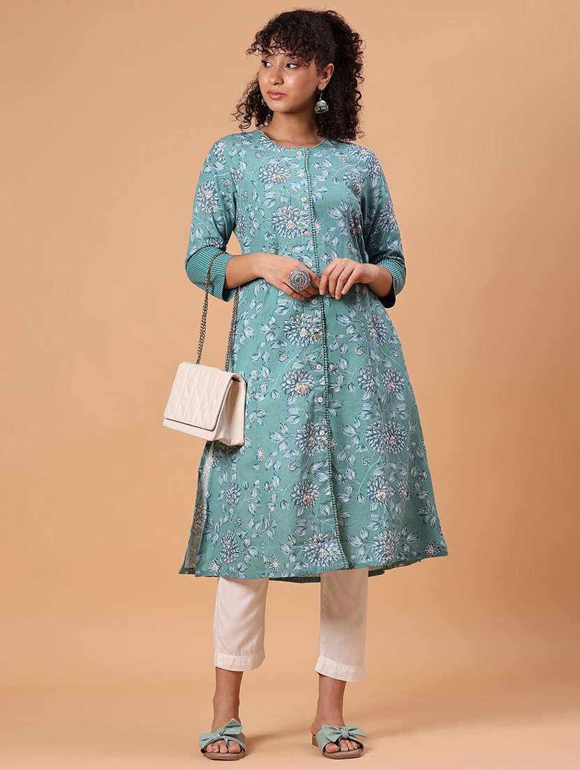 women floral printed three quarter sleeve a-line kurta