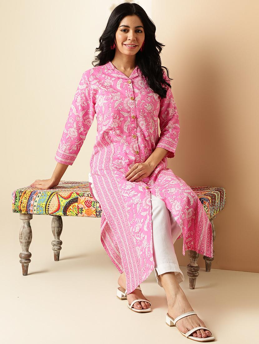 women printed three quarter sleeve straight kurta