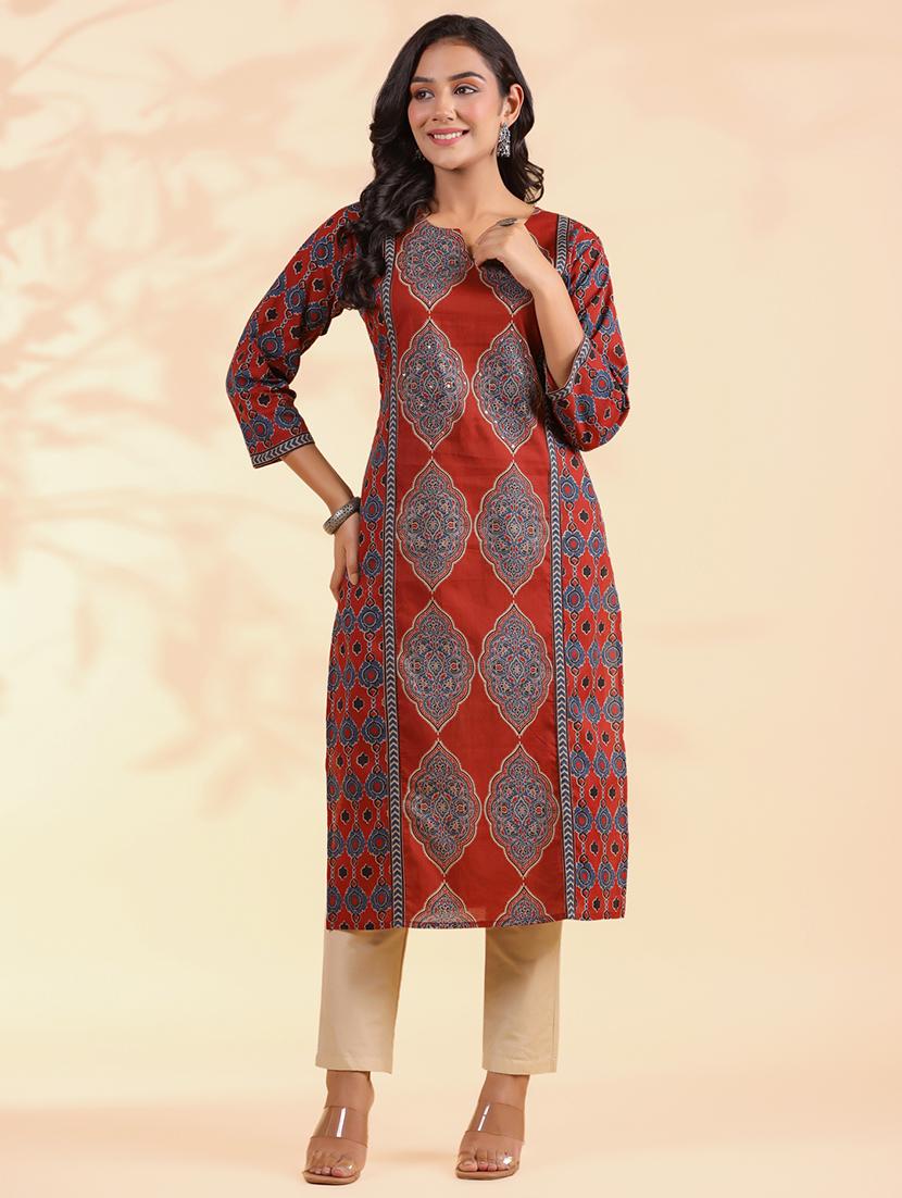 women three quarter sleeve straight kurta - 21913214 - Standard Image - 5