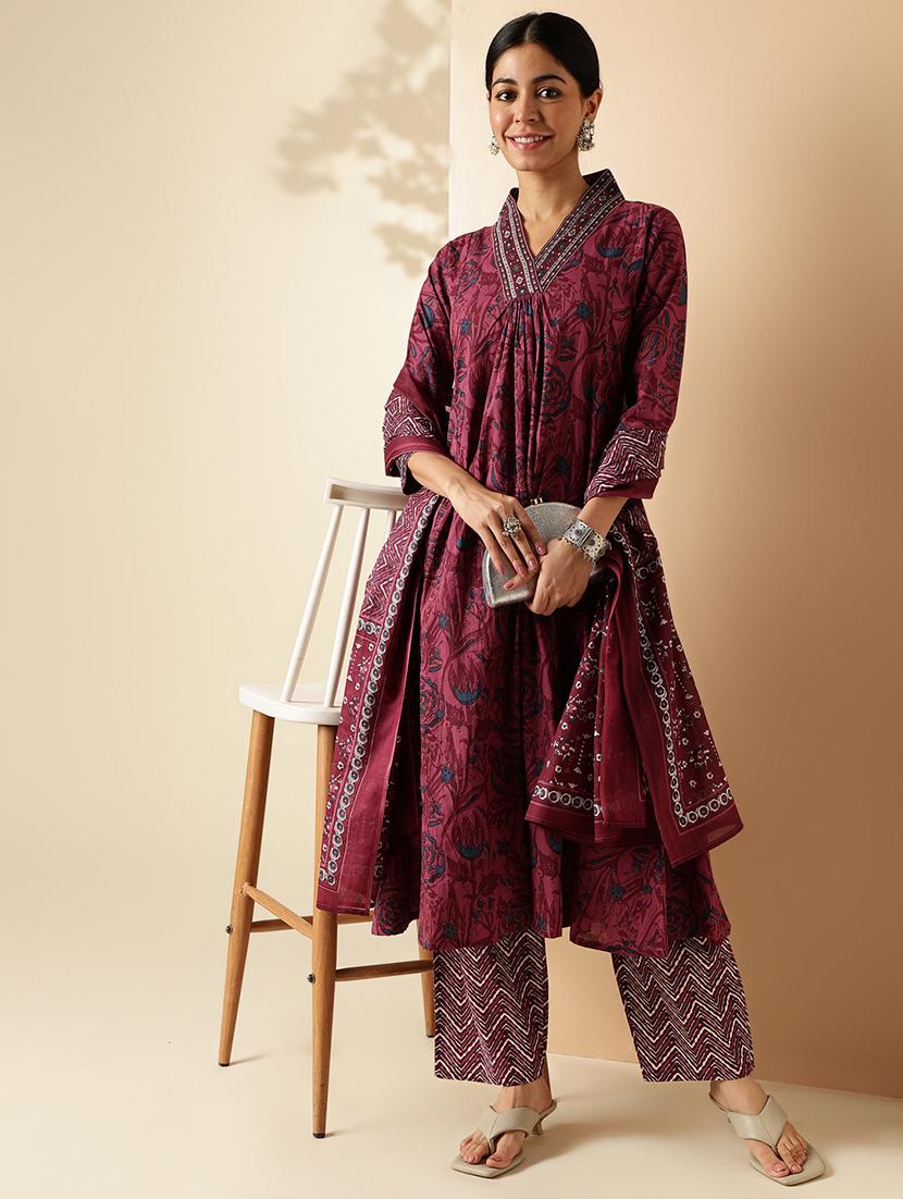 women three quarter sleeve kurta palazzo with dupatta set