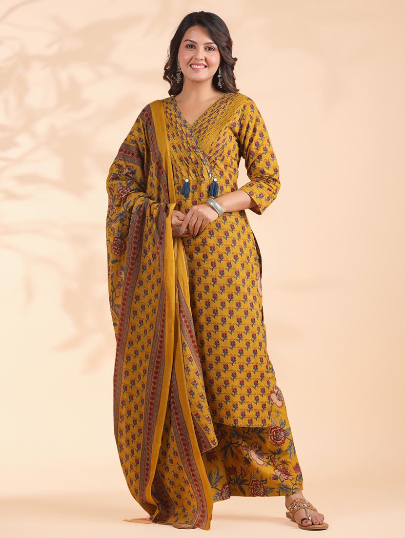 women three quarter sleeve kurta palazzo with dupatta set