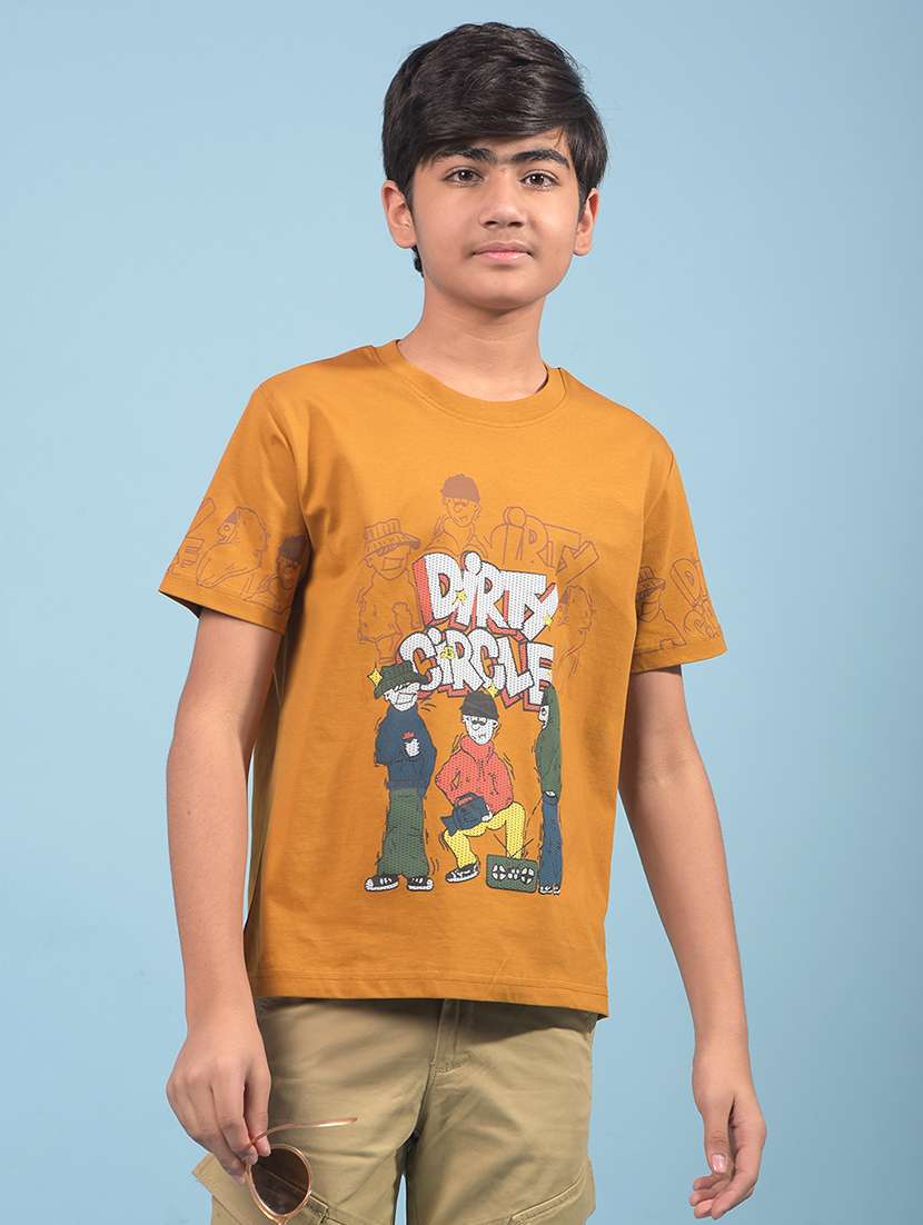 boys mustard front print round neck t-shirt