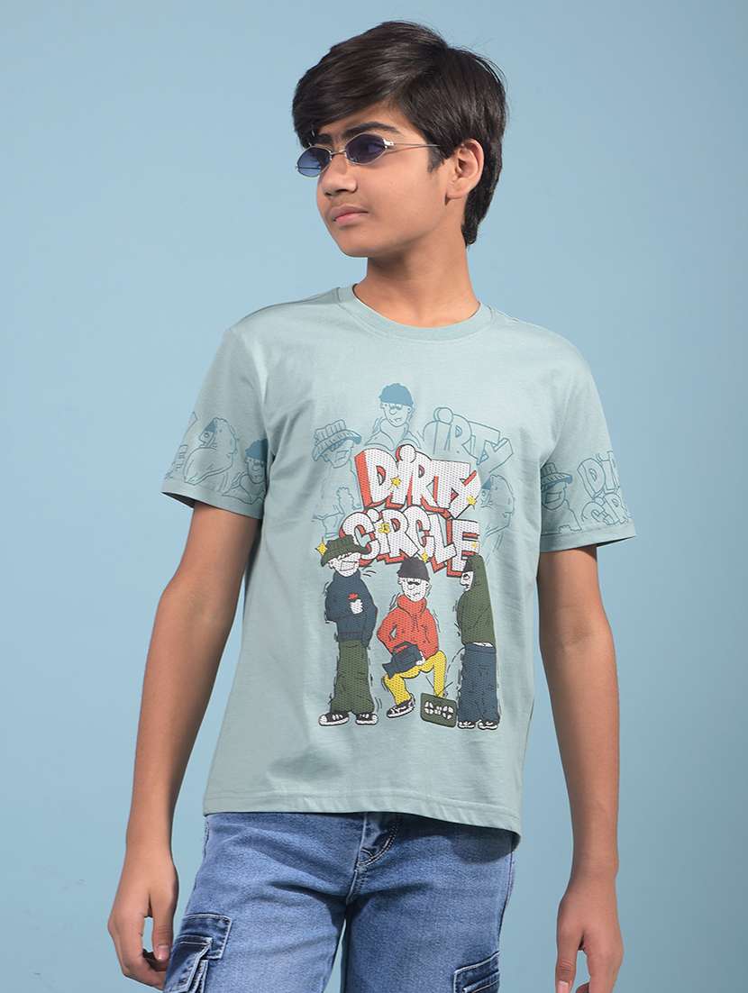 boys blue front print round neck t-shirt
