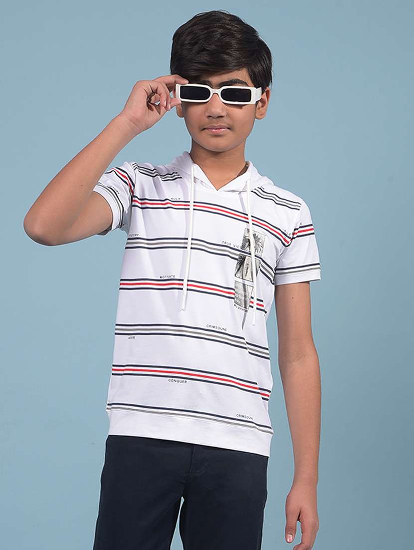 boys white striped hooded t-shirt