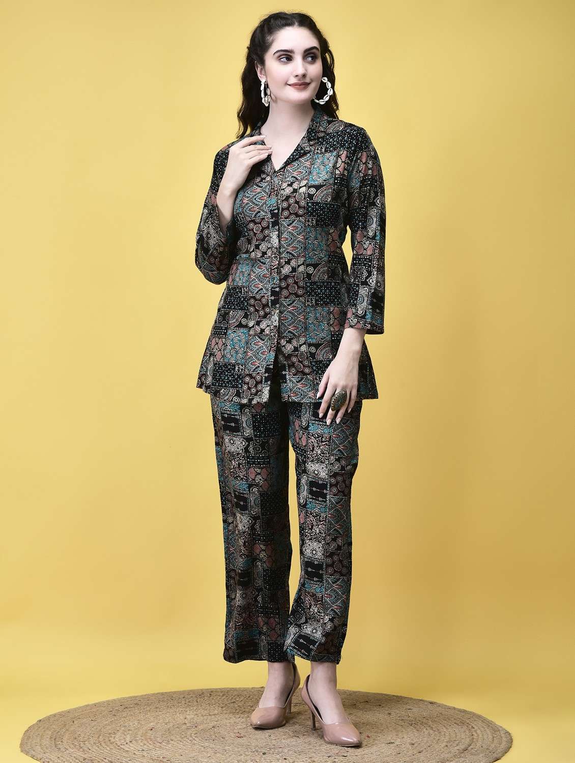women black printed long sleeve ethnic co ord set