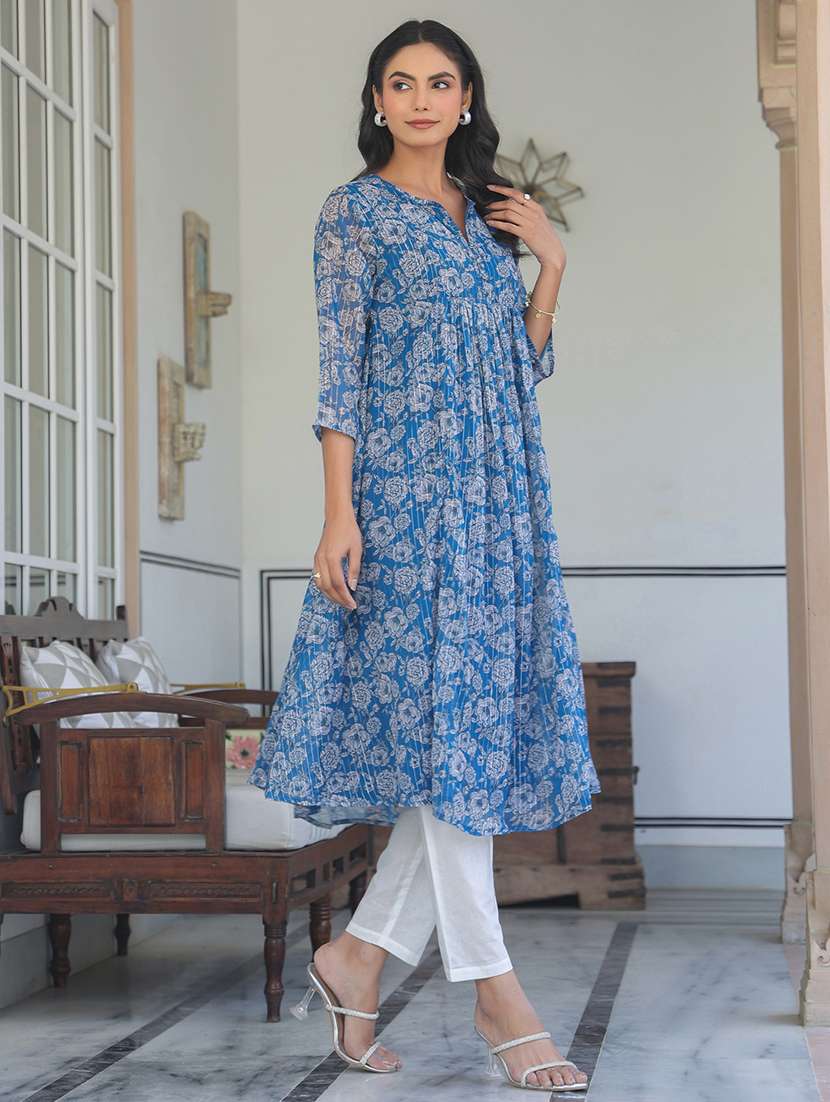 women blue floral printed three quarter sleeve flared kurta - 21913579 -  Standard Image - 3