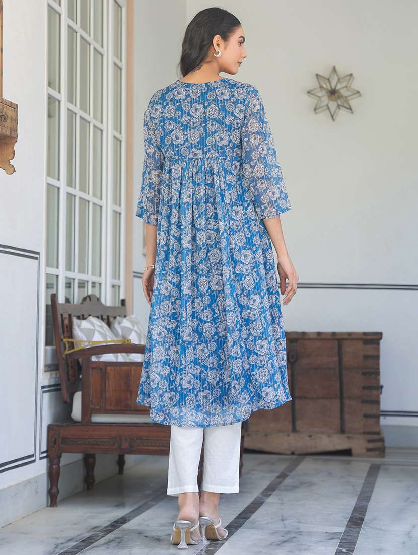 women blue floral printed three quarter sleeve flared kurta - 21913579 -  Standard Image - 5
