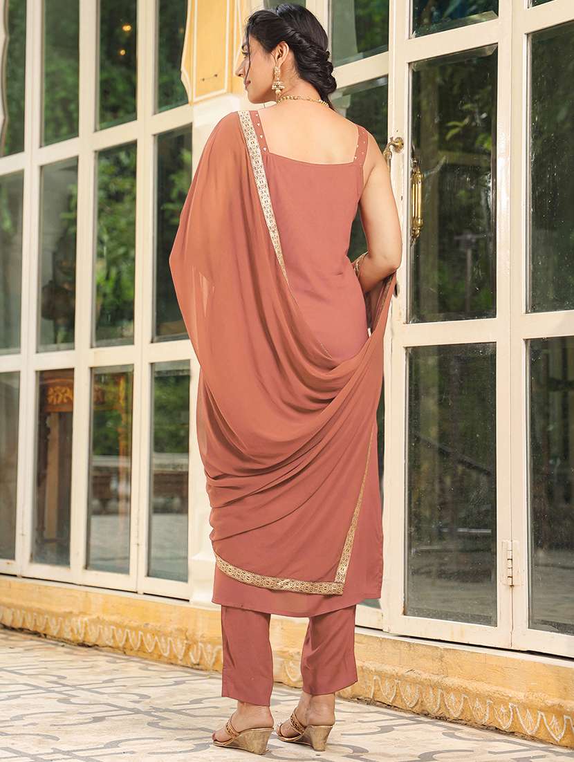women rust sleeveless kurta pant with dupatta set - 21913582 -  Standard Image - 3