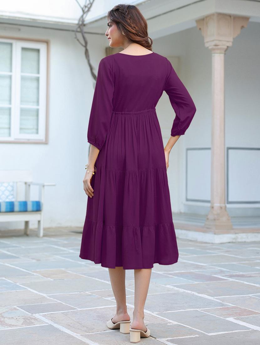 women solid puff sleeves tiered dress - 21913585 - Standard Image - 3