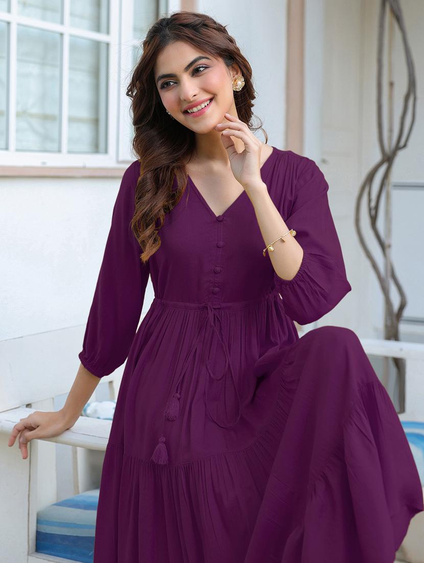women solid puff sleeves tiered dress - 21913585 - Standard Image - 5