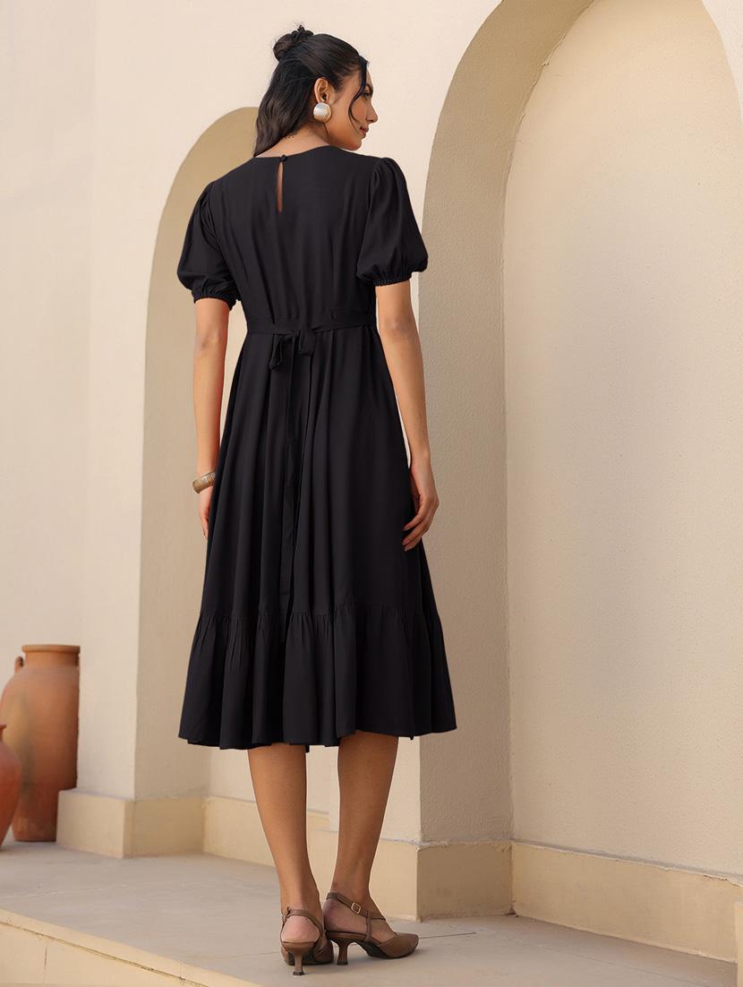 women solid puff sleeves tiered dress - 21913588 - Standard Image - 3