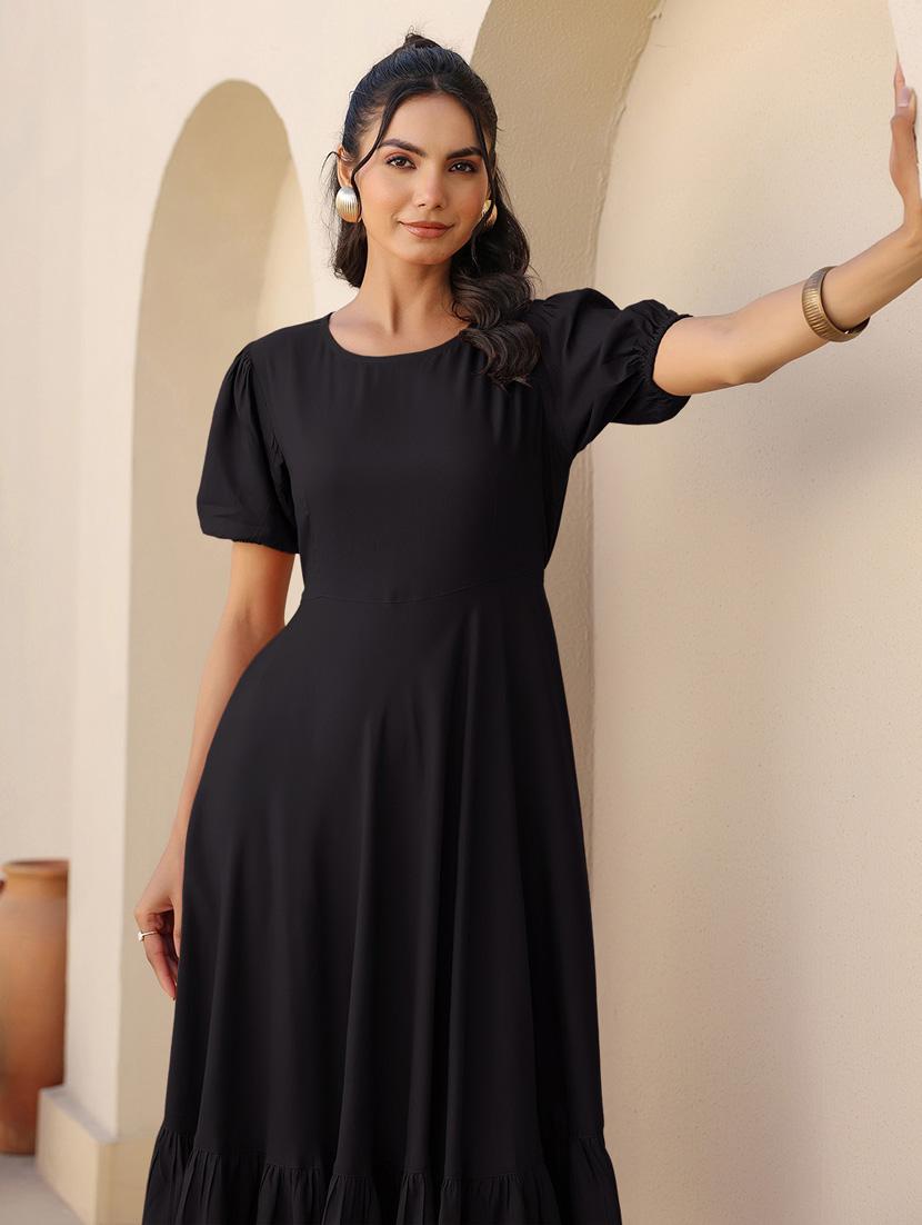 women solid puff sleeves tiered dress - 21913588 - Standard Image - 5