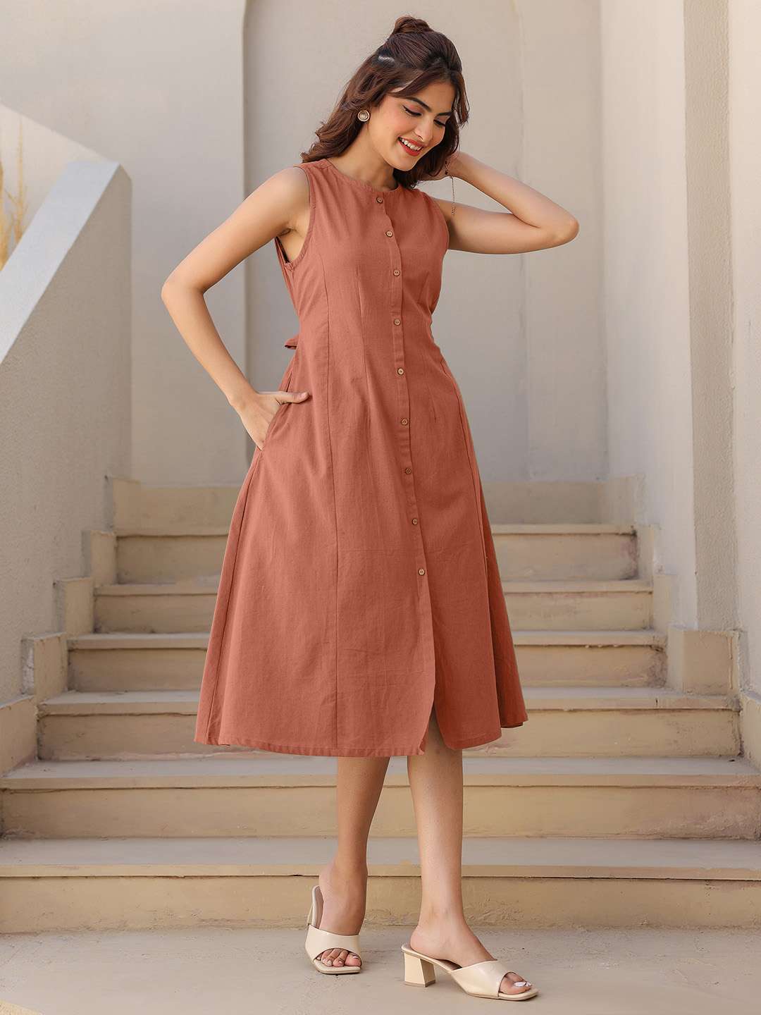 women solid sleeveless a-line dress - 21913593 - Standard Image - 3