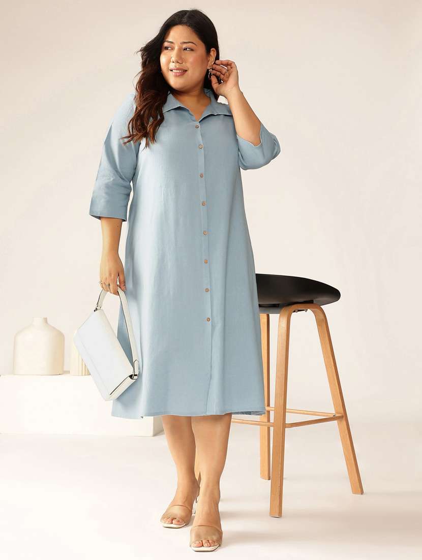 women plus size solid collared a-line dress