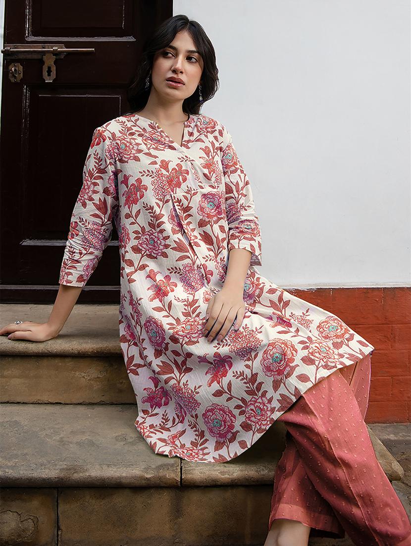 women floral printed mandrain neck flared kurta - 21913602 - Standard Image - 3