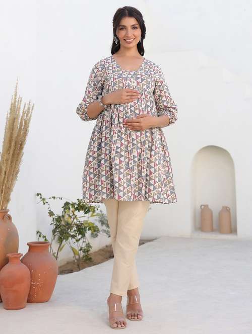 women printed three quarter sleeve maternity wear tunic