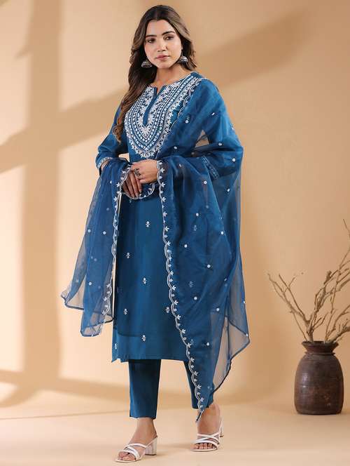 women three quarter sleeve kurta pant with dupatta set - 21914223 - Standard Image - 0