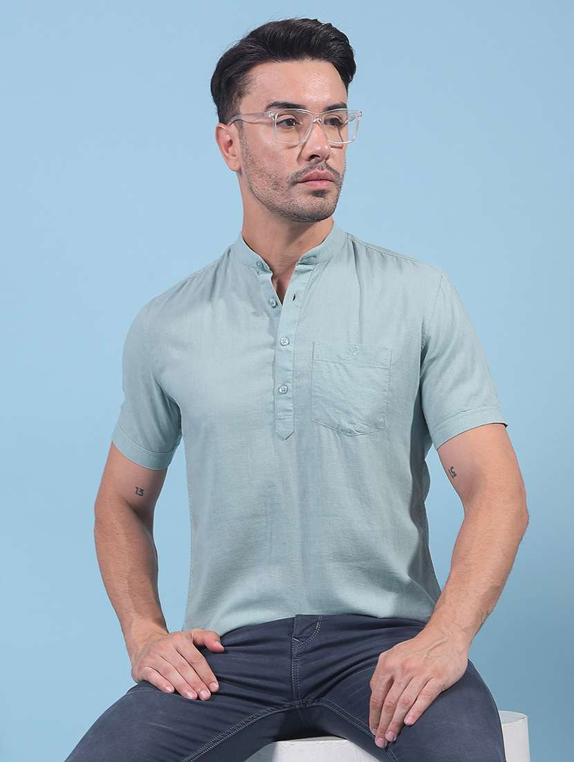 men solid short sleeves short kurta