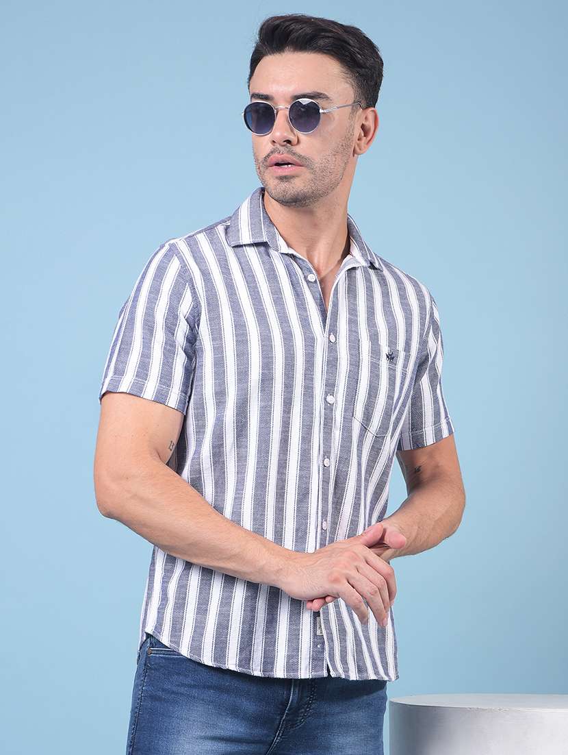 men striped short sleeve slim fit casual shirt