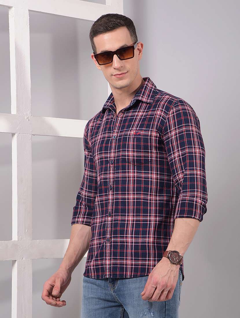 men checkered long sleeve slim fit casual shirt