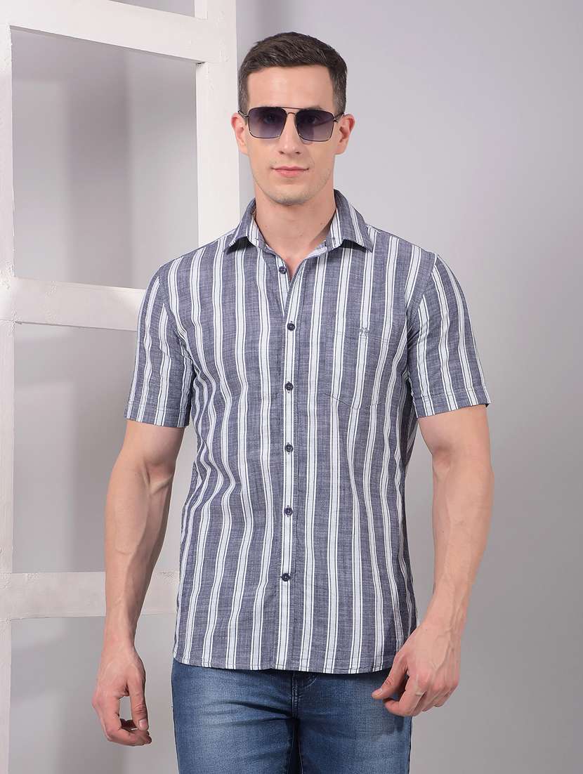 men striped short sleeve slim fit casual shirt