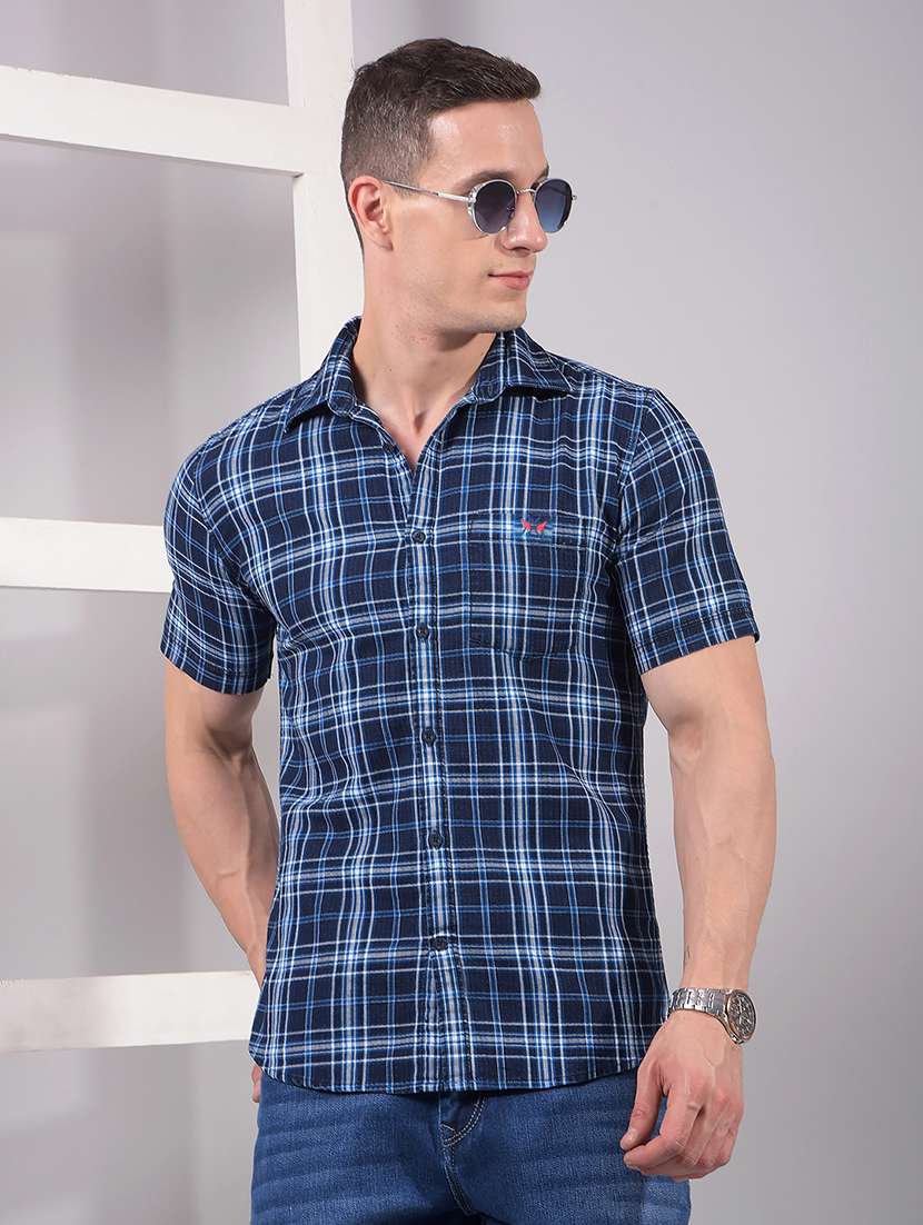 men checkered short sleeve slim fit casual shirt