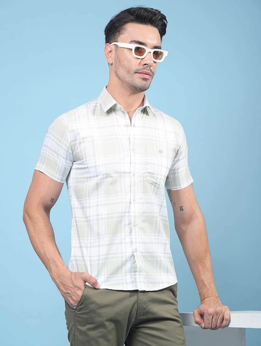 men checkered short sleeve slim fit casual shirt