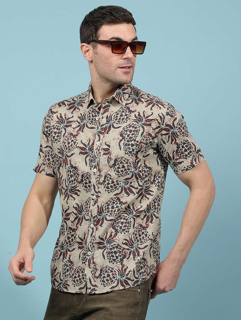 men printed short sleeve slim fit casual shirt