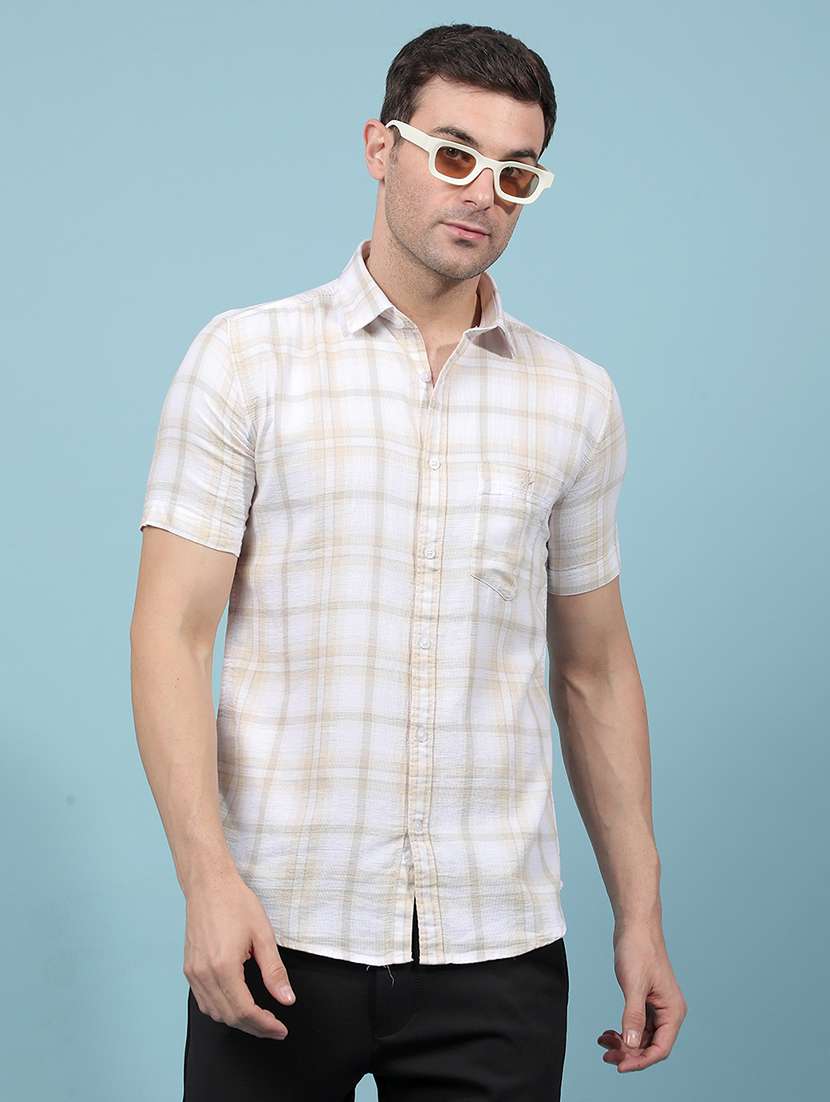 men checkered short sleeve slim fit casual shirt