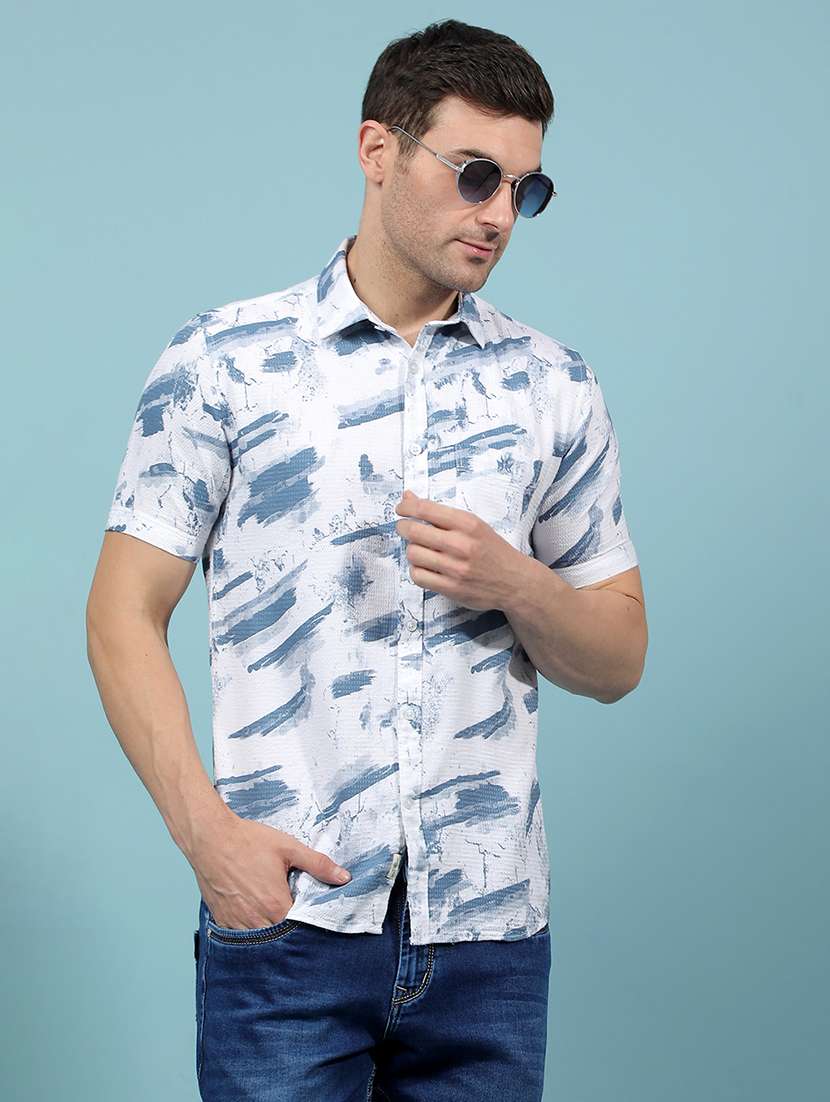 men printed short sleeve slim fit casual shirt