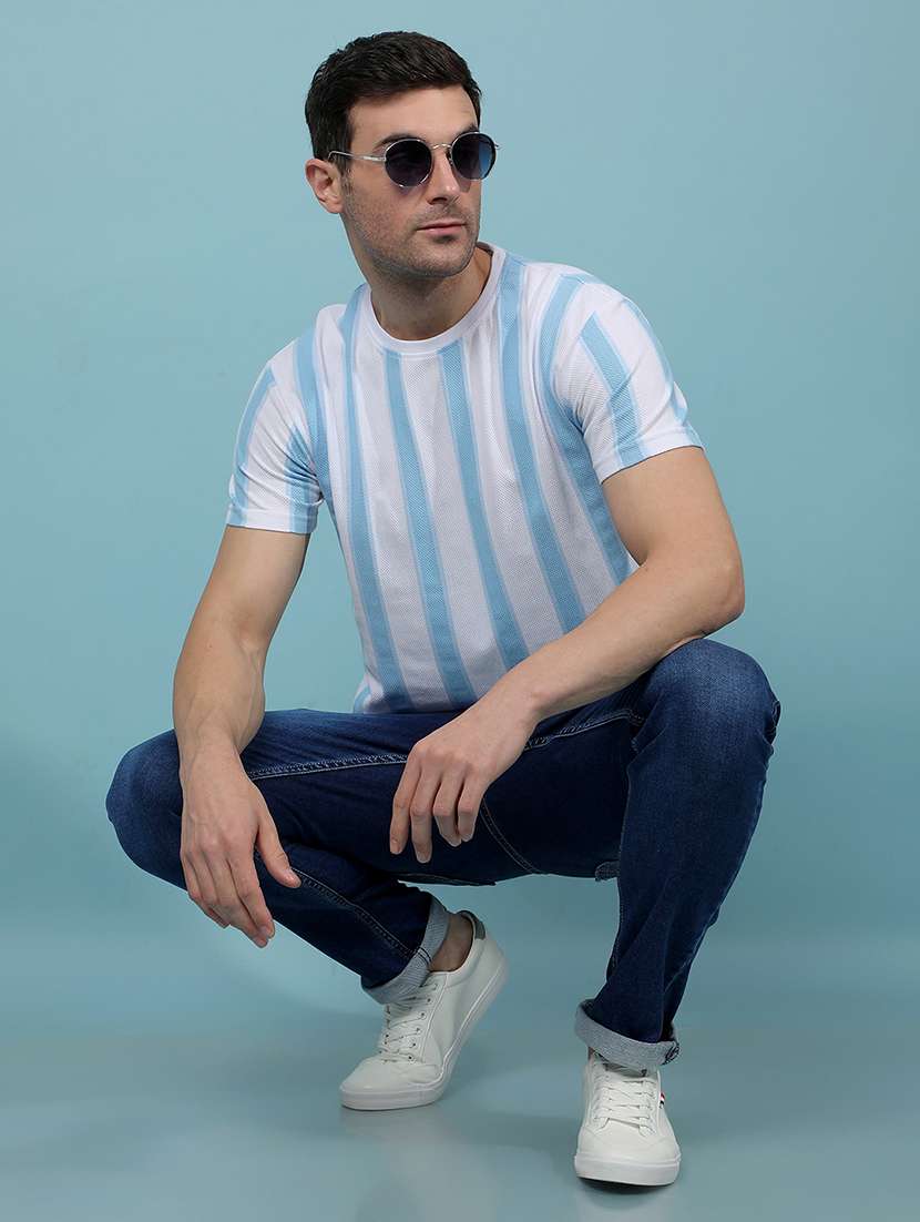 men light blue striped round neck slim fit t-shirt - 21914448 -  Standard Image - 5