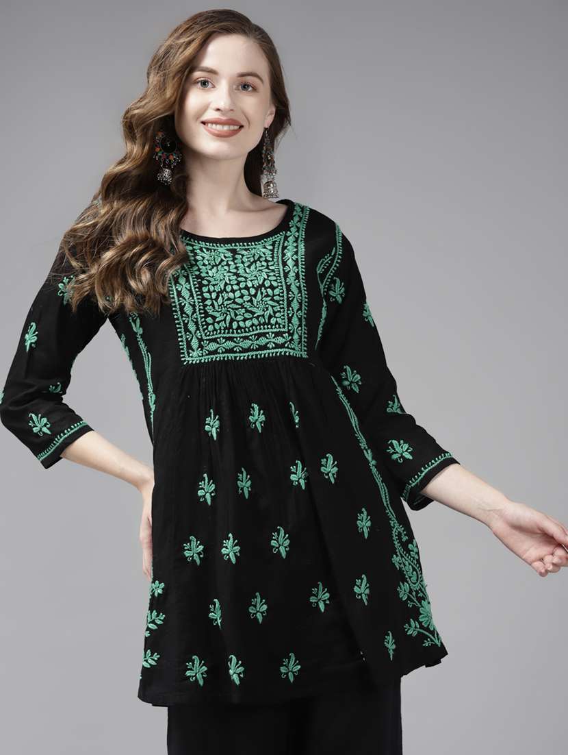 women three quarter sleeve chikankari a-line kurti - 21914482 -  Zoom Image - 0