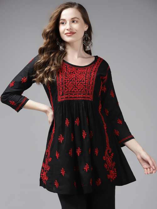 women three quarter sleeve chikankari a-line kurti - 21914487 -  Standard Image - 0