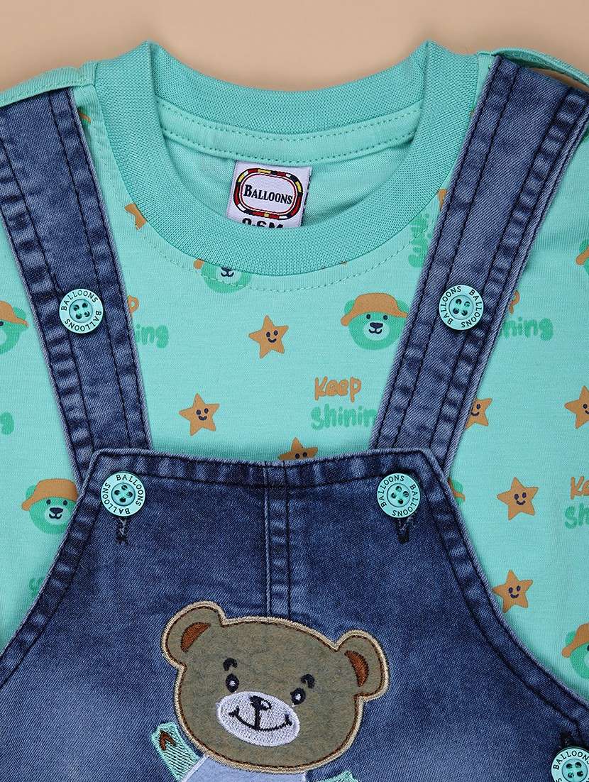 kids printed t-shirt with denim dungree set - 21914977 - Standard Image - 3