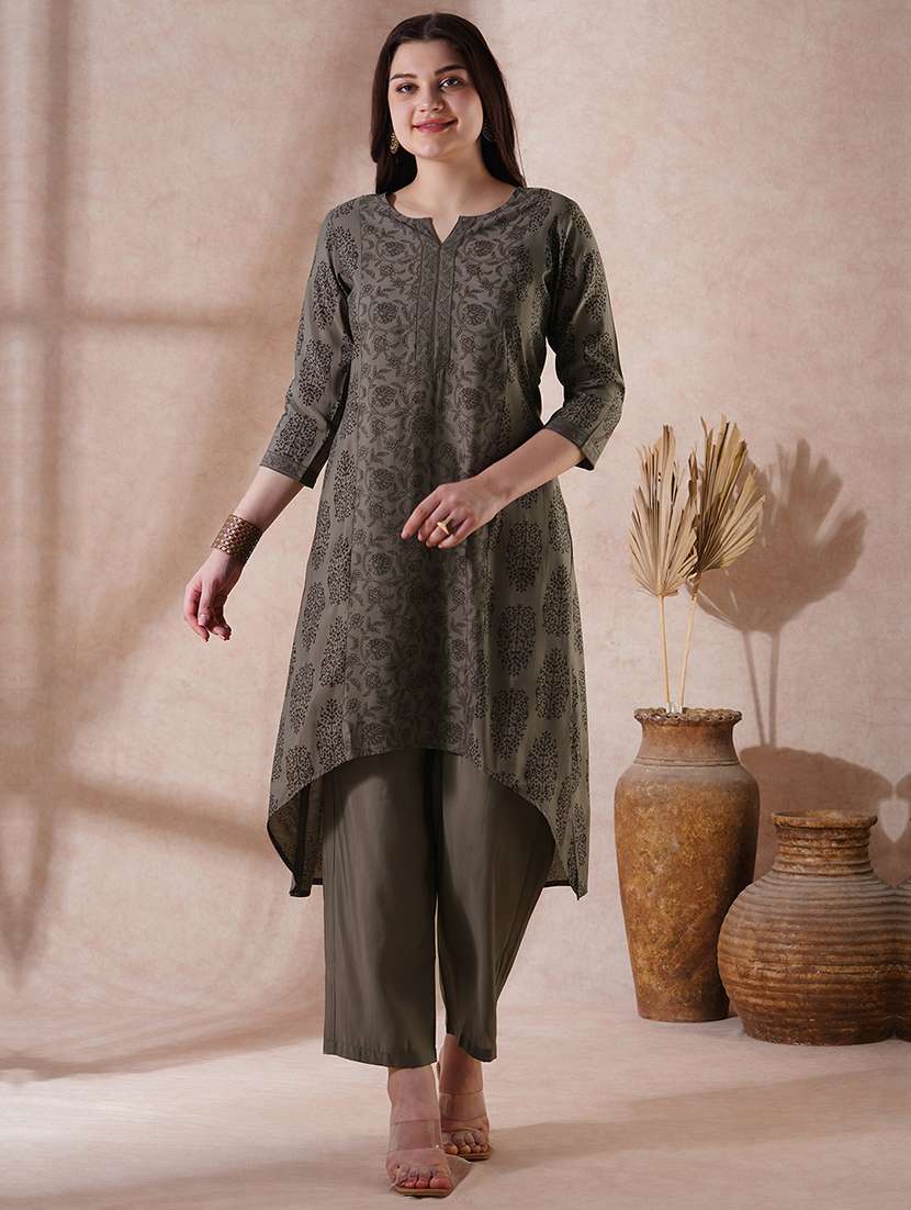 women olive three quarter sleeve kurta pant set - 21915406 -  Zoom Image - 0