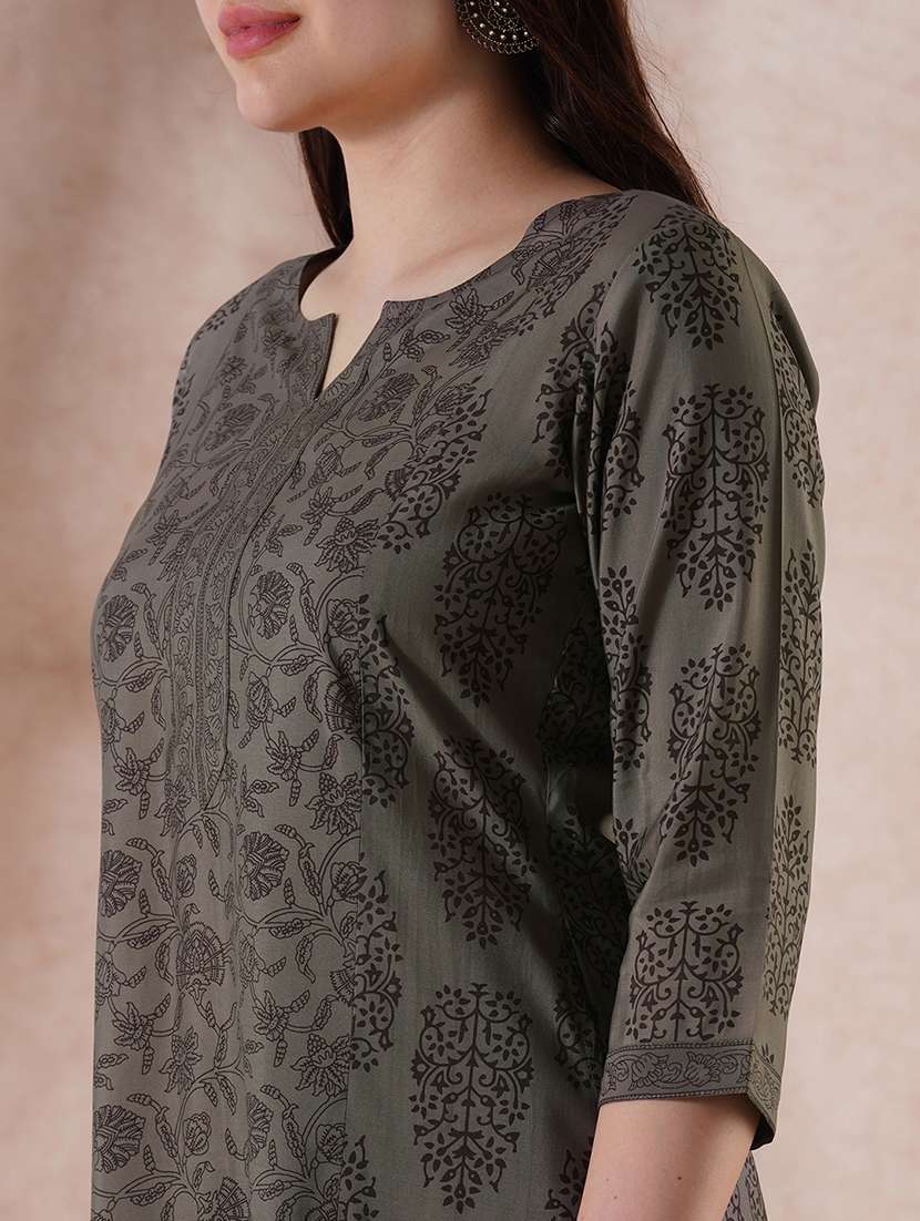 women olive three quarter sleeve kurta pant set - 21915406 -  Standard Image - 3